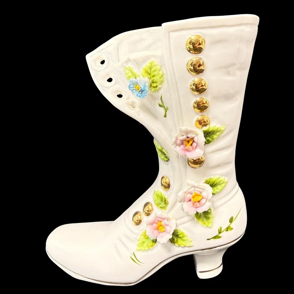Vintage White Porcelain Victorian Boot Vase 3D Pink Floral Gold Buttons 6.5in